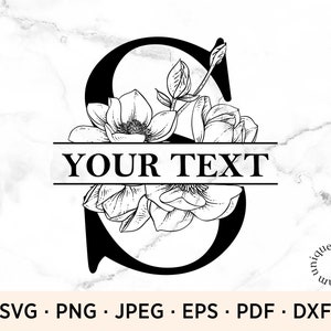 May include: Black and white illustration of the letter S with floral embellishments. The text "YOUR TEXT" is displayed on a banner below the letter.