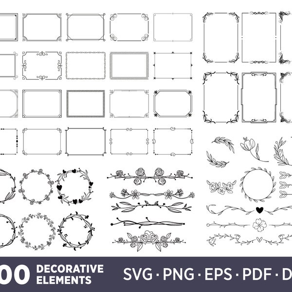 200 Decorative Elements SVG, Frame Bundle SVG, Wreath Svg Bundle, Dividers Borders SVG, Ornaments svg, Flourishes Svg, Text Divider Svg, Dxf