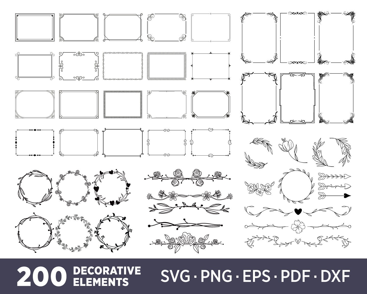 200 Decorative Elements SVG, Frame Bundle SVG, Wreath Svg Bundle, Dividers Borders SVG, Ornaments svg, Flourishes Svg, Text Divider Svg, Dxf