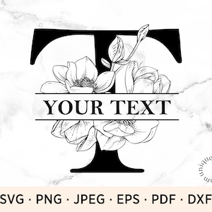 Könnte beinhalten: Schwarz-weiß-Illustration des Buchstabens T mit floralen Verzierungen. Der Text "YOUR TEXT" wird auf einem Banner unter dem Buchstaben angezeigt.