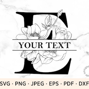 May include: Black and white illustration of the letter E with floral embellishments. The text "YOUR TEXT" is displayed on a banner below the letter.