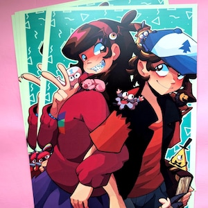 May include: A colorful illustration of two cartoon characters, a girl with brown hair wearing a red sweater and a boy with brown hair wearing a blue jacket. The girl is holding a pink pig and the boy is holding a book. The background is a teal and green pattern.