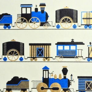 Trenes en envoltura de regalo azul, envoltura de regalo hecha a mano, envoltura de tren PapeR, papel de tren hecho a mano, papel ecológico hecho a mano, papel de tren, trenes