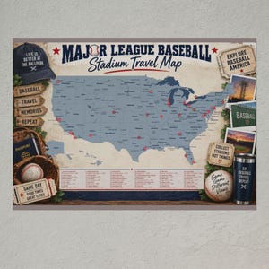 Baseball Stadium Travel Map, Baseball Park Tracker Poster, Ballpark Bucket List for Baseball Fans, Stadium Road Trip Gift