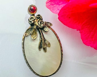 Antique Pearl Sterling Silver Pendant. Art Nouveau pendant. PE sign pendant. Mother of Pearl Garnet Pendant. 1930-1940's