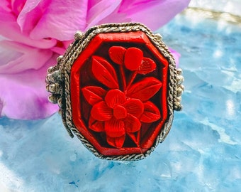 Antique Chinese Cinnabar Ring Set in Sterling Silver. Old