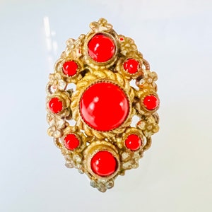 Bohemian Antique ring. Super Rare Czech Costume Ring inlaid with Red Peking Glass - Red Coral imitation. 1930-1940's.