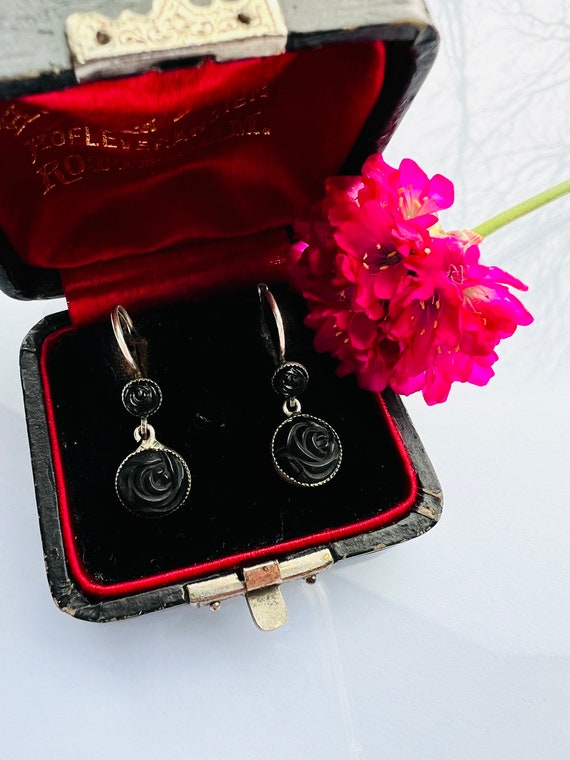 Victorian Mourning Whitby Jet Earrings set in Ste… - image 3