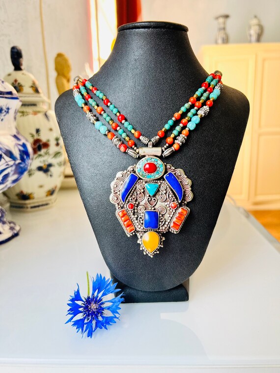 Vintage Silver Gemstone Necklace. Tibetan Necklace. Nepalese Necklace. Turquoise Coral Lapis Lazuli Beaded Necklace.boho Ethnic Necklace Etsy UK