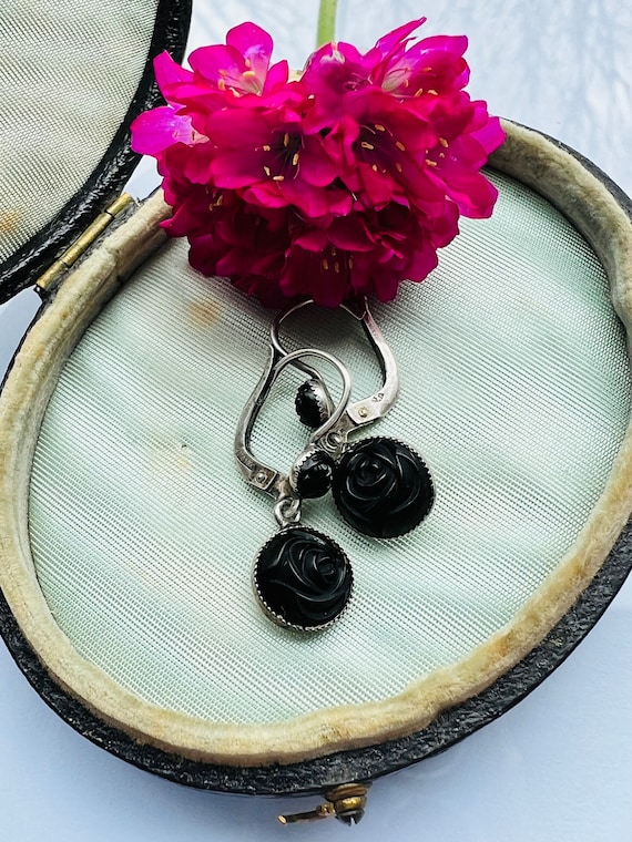 Victorian Mourning Whitby Jet Earrings set in Ste… - image 6