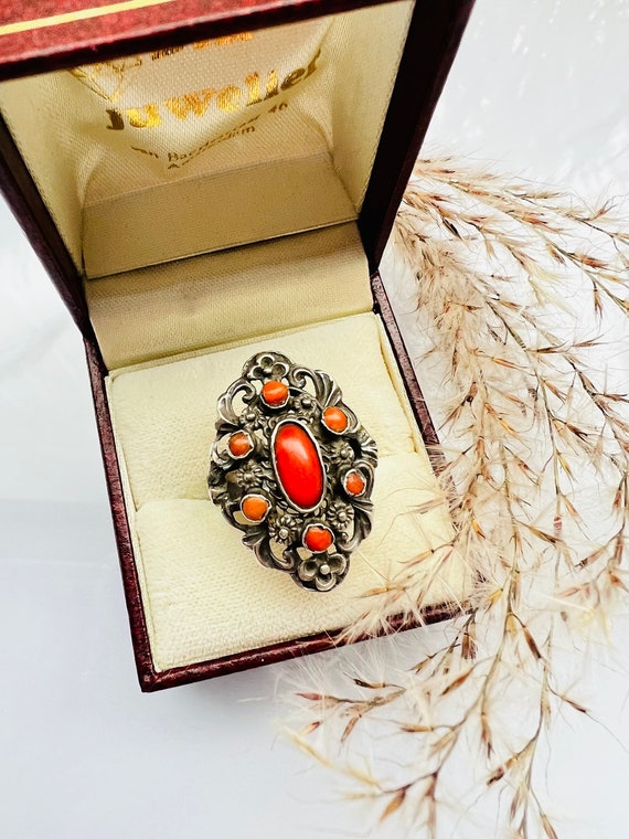 Antique Genuine Undyed Red Coral Ring. Sterling Si