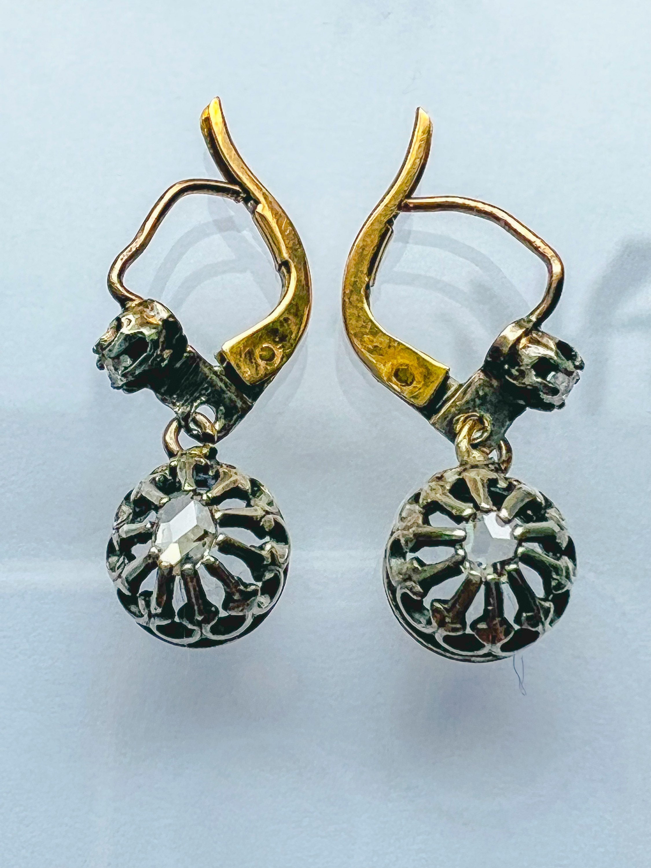 DIAMOND EARRINGS. 14K GOLD ANTIQUE VICTORIAN DIAMOND EARRINGS. WESTERN EUROPE 19TH CENTURY
