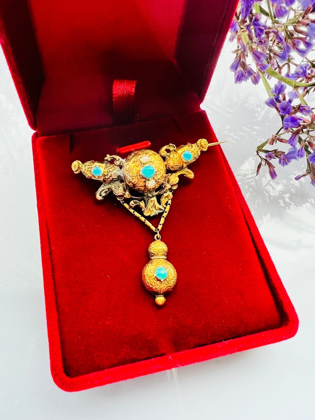 14K Gold Antique Russian Brooch Set With Turquoise and Grain Pearls