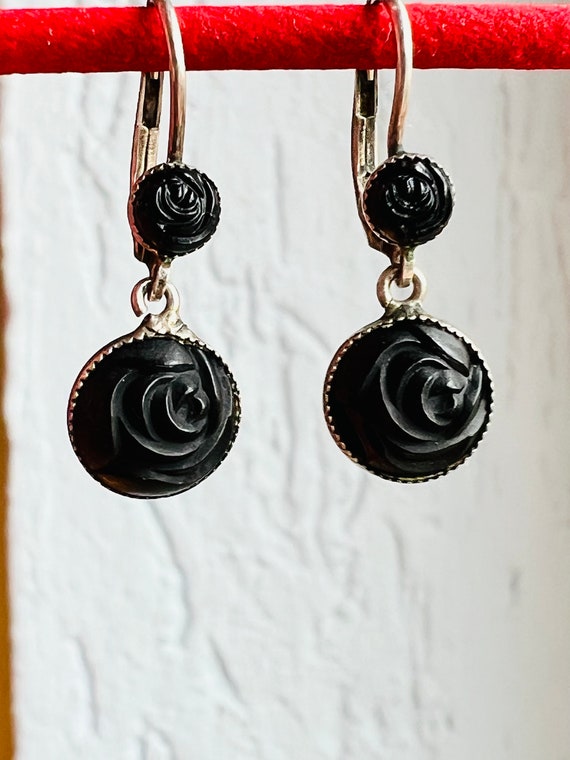 Victorian Mourning Whitby Jet Earrings set in Ste… - image 2