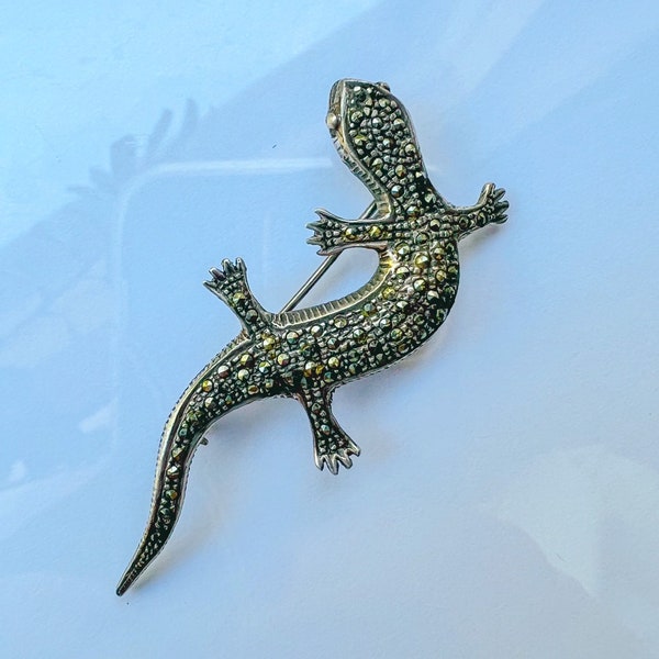 Vintage silver brooch - lizard with marcasites. 1970’s