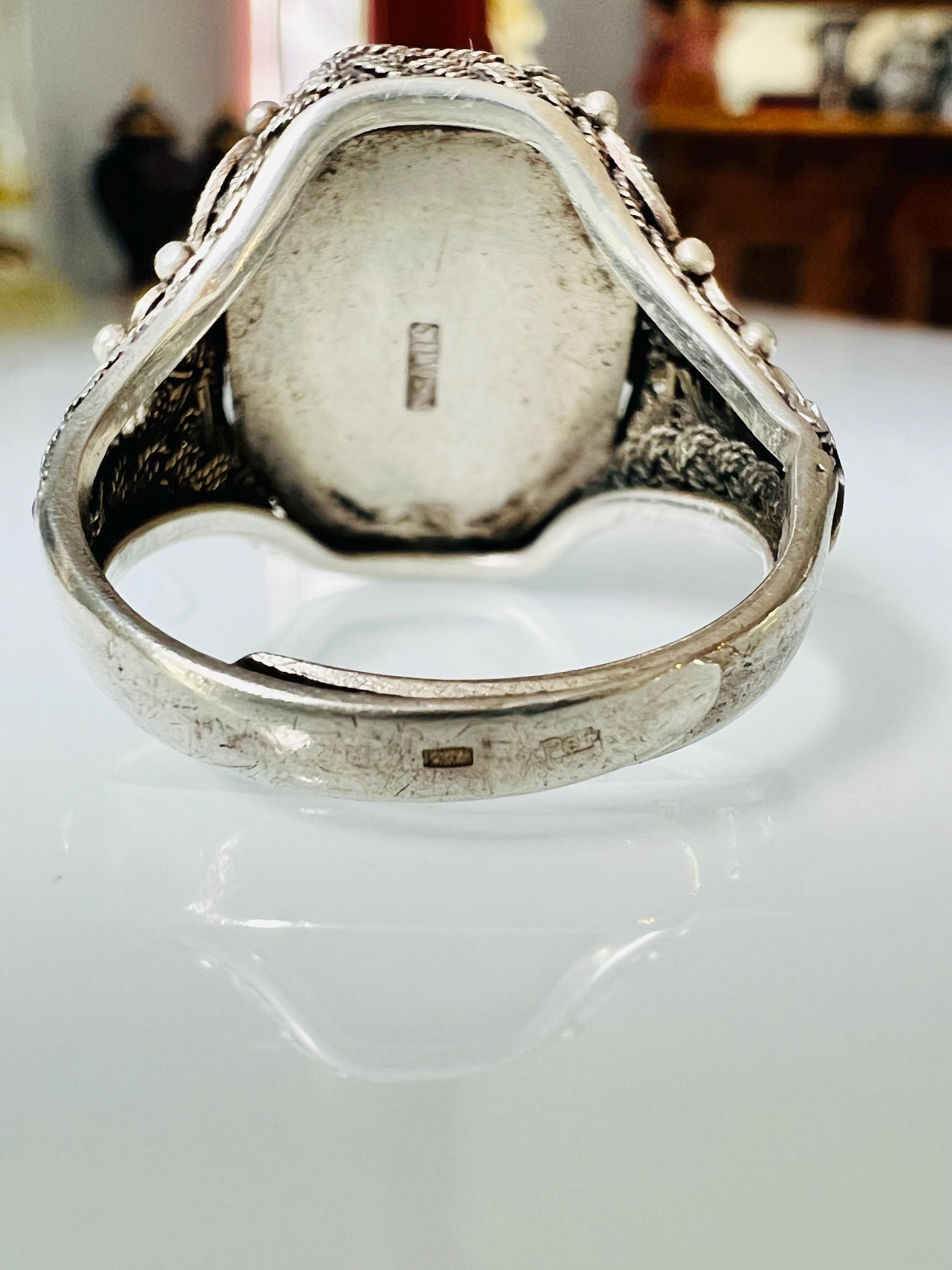 Antique Chinese Cinnabar Ring Set in Sterling Silver. Old Antique Chinese Cinnabar Ring Set in Sterling Silver. Old