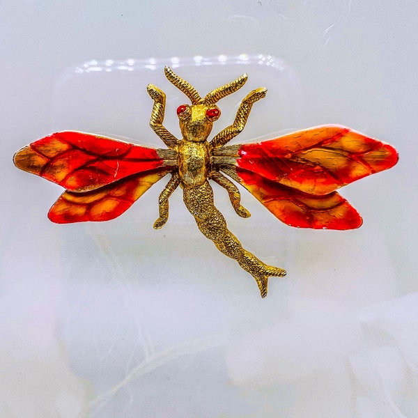 Vintage enamel brooch signed "Florenza". Vintage American costume jewelry. Brooch dragonfly, dragonfly brooch . 60s.