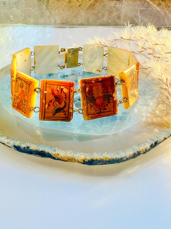 14K Gold Persian Miniature Hand Painted Mother of Pearl Vintage Bracelet. Estate Story Line Persian Artwork MOP Set in 14K Gold Bracelet. Etsy Canada