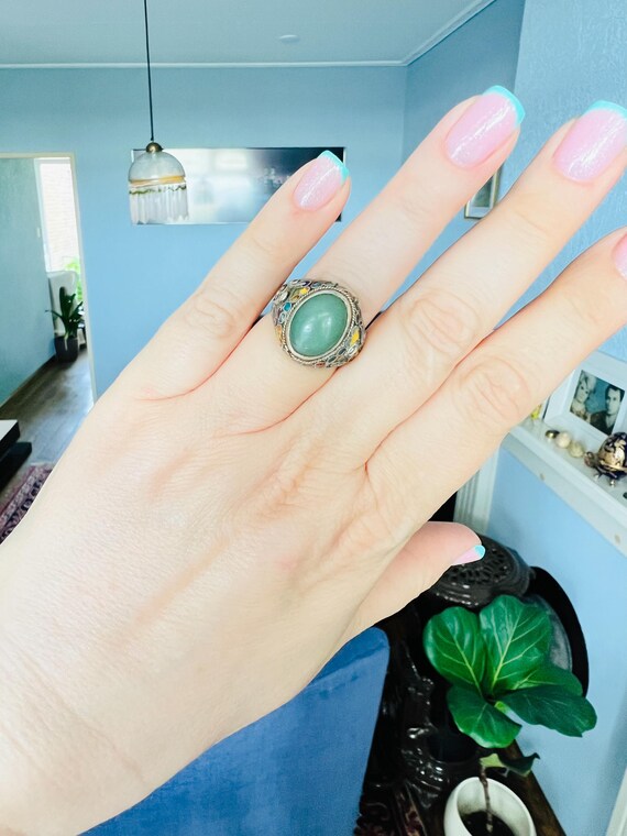 Antique Chinese Sterling Silver Ring With Jade. Old Chinese