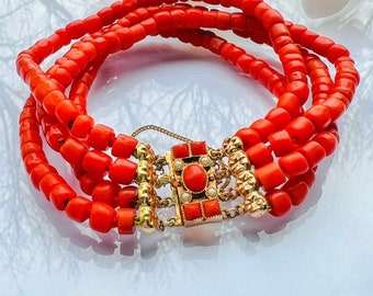 Genuine Undyed Red Coral Bracelet with 14 karat Gold clasp  Mediterranean Precious Red Coral bracelet Antique Victorian Coral bracelet