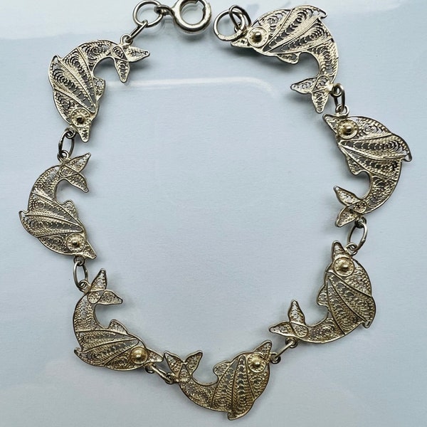 Bracelet vintage Sterling Silver Link. Bracelet dauphin. Bracelet en filigrane.