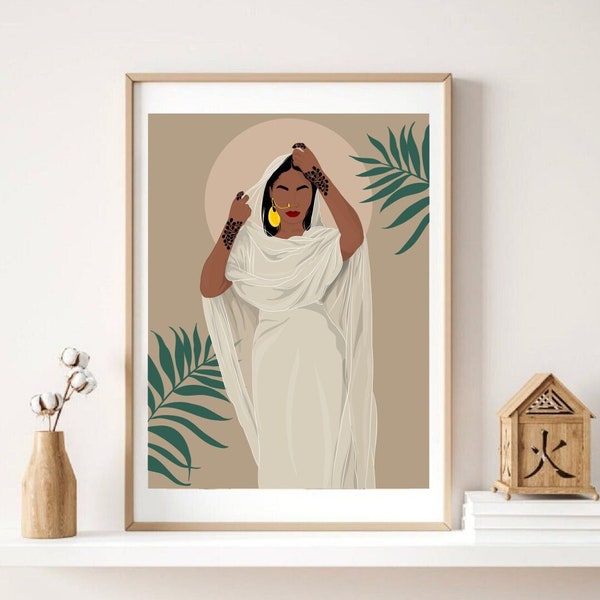 Sudaniya Minimal Art, Soedanese vrouw in Toub print, Sudan Art Print
