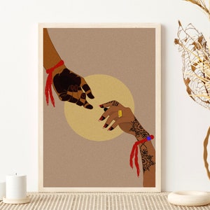 Sudanese Bride and Groom reaching hands illustration, Tradional Sudanese Wedding Jirtig, Sudanese artists