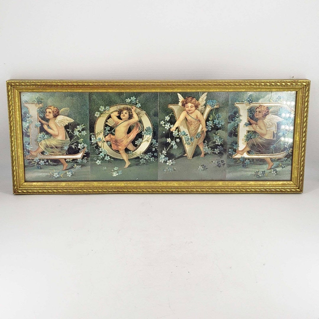 Vintage FOIL ART Love PRINT W/ Cherubs Victorian Style Gold Framed Etsy