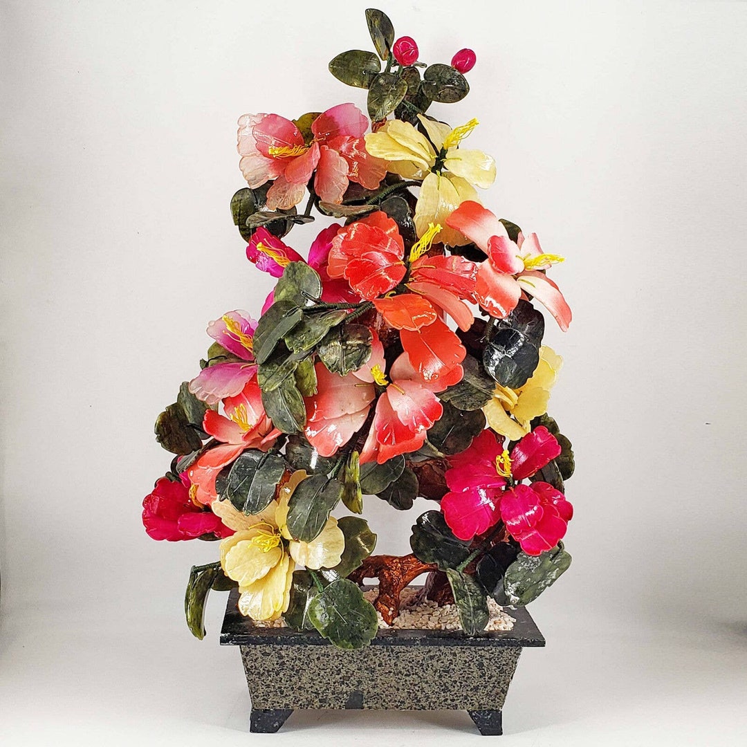 Vintage Jade Glass Bonsai Tree Flower Red Pink Yellow Rose Etsy