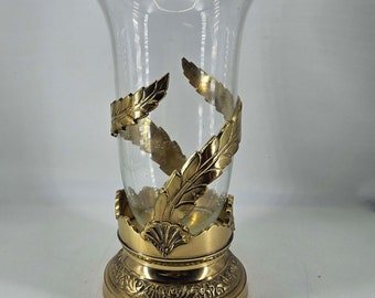 Vintage art nouveau style brass base glass vase or hurricane candle holder 12"