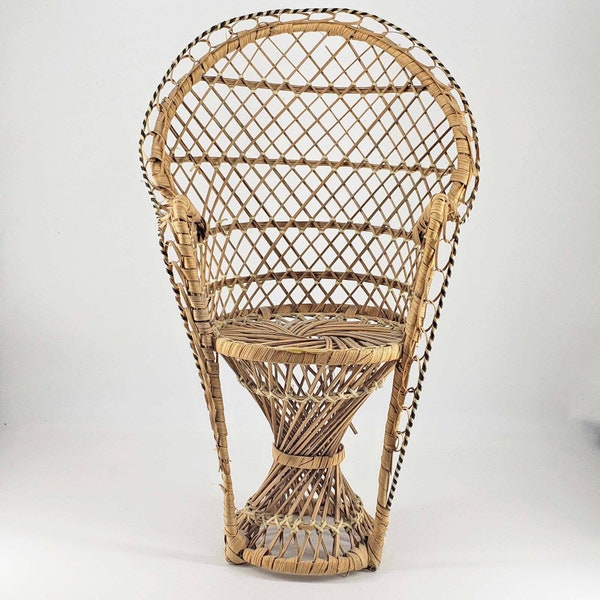 Mid Century Wicker Peacock Chair Fan Back Rattan Doll Plant Stand Boho Bohemian