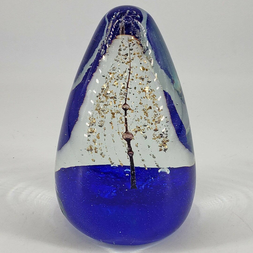 Hand Blown Blue Art Glass Paperweight W/ Tree Shape in Gold Flakes Etsy
