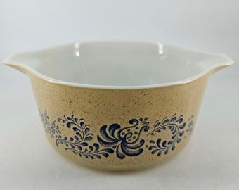 Vintage Pyrex Homestead Casserole Dish USA Tan Blue No Lid