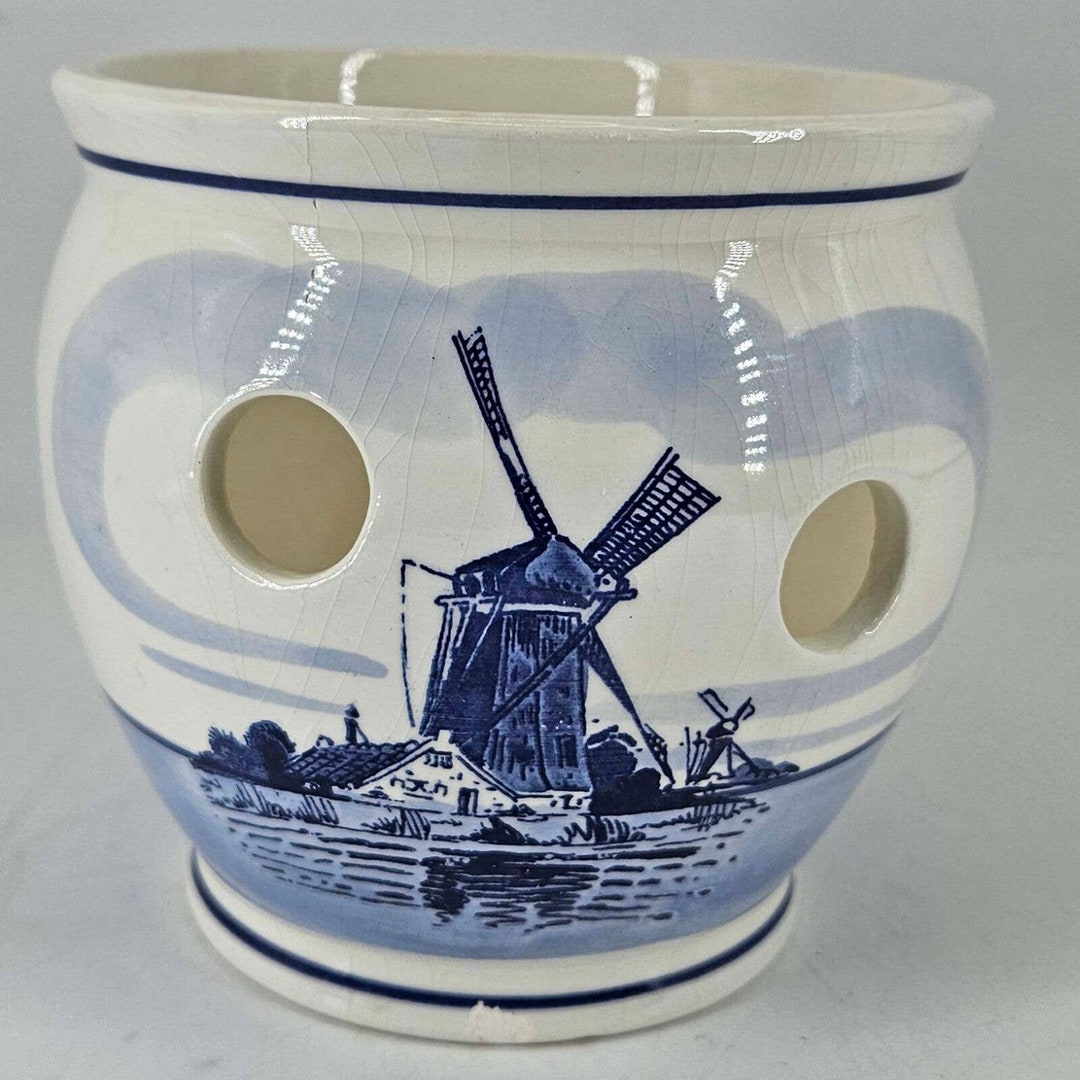 Vintage Delft Blue Holland Orchid Crocus Hand Painted Porcelain Pot