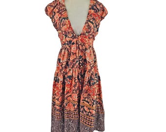 Anthropologie tiered floral boho Printed V Neck Babydoll Dress 0 XS S NWT