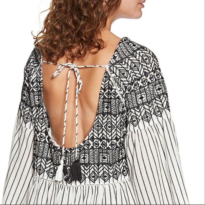 Free People White Black Lola Embroidered Mini babydoll Boho tunic Beach L image 4