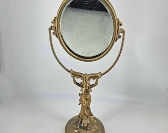 Antique Art Nouveau Art Deco Woman Holding swivel Mirror 18"