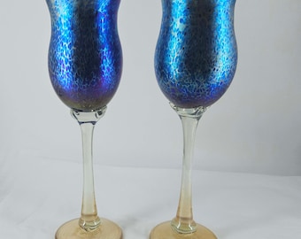 Pair of Slater Studio Hand Blown iridescent Blue Art Glass Tall Wine Goblets Glasses