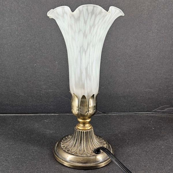 Vintage Tulip Accent Table Lamp white Frosted Glass Metal Trumpet Base