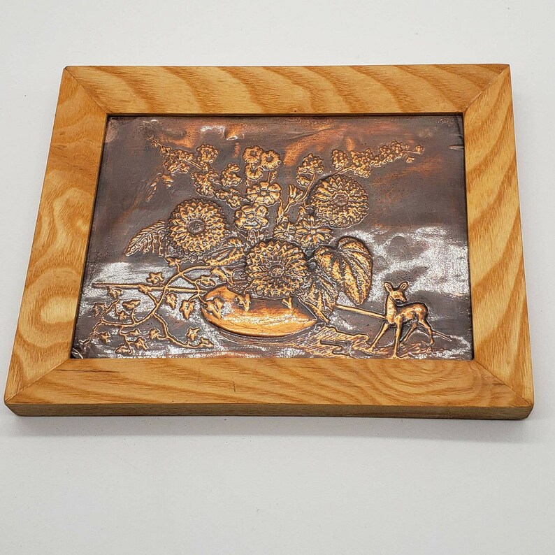 Vintage Hammered Copper Wall Art Pressed Embossed Still Life Floral