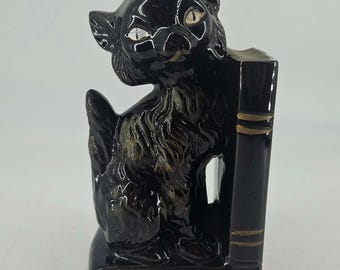 Vintage Mid Century Black cat Bookend Pen Holder MCM Gold Trim Made in Japan