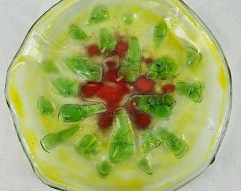 Studio Art Fused Glass orange green yellow small plate trinket dish