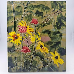 Large art tile wall hanging Dimensional floral flowers hummingbird