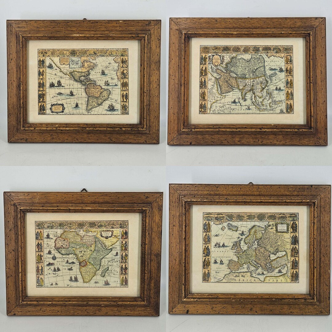 Vintage Old World Wood Framed Maps Map of Africa America Asia Europe ...