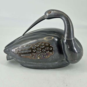 Vintage ArtDeco Pewter brass Nesting Crane Bird Trinket Jewelry Box