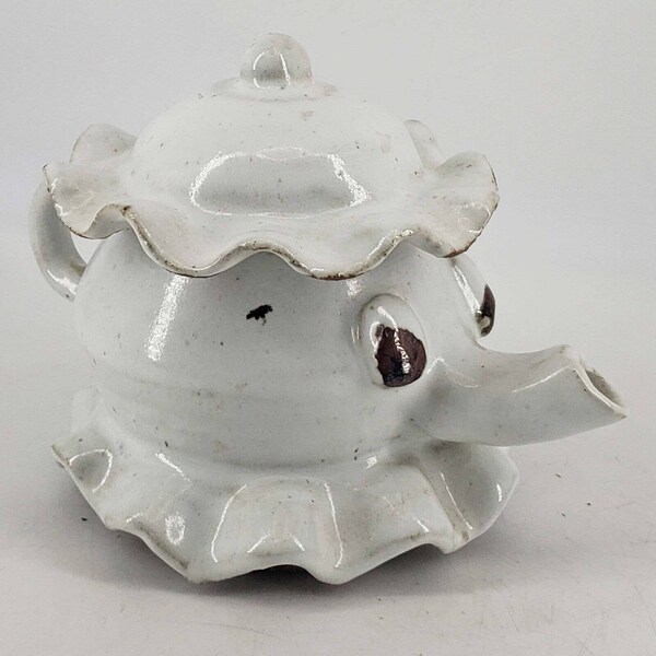 Vintage Hand Made Kitch Pottery Cream Glazed Heavy Elephant teapot w/lid Signed