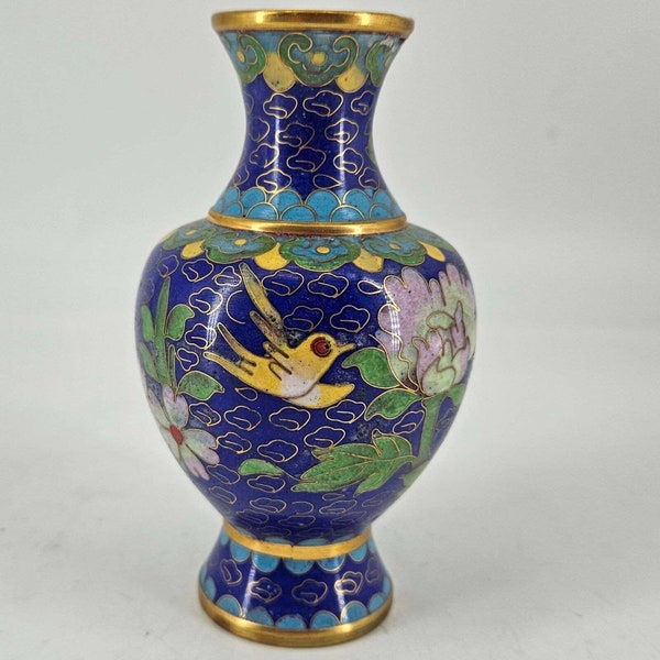 Vintage Hand Crafted Asian Oriental Cloisonne Enameled Vase Floral bird, 5"