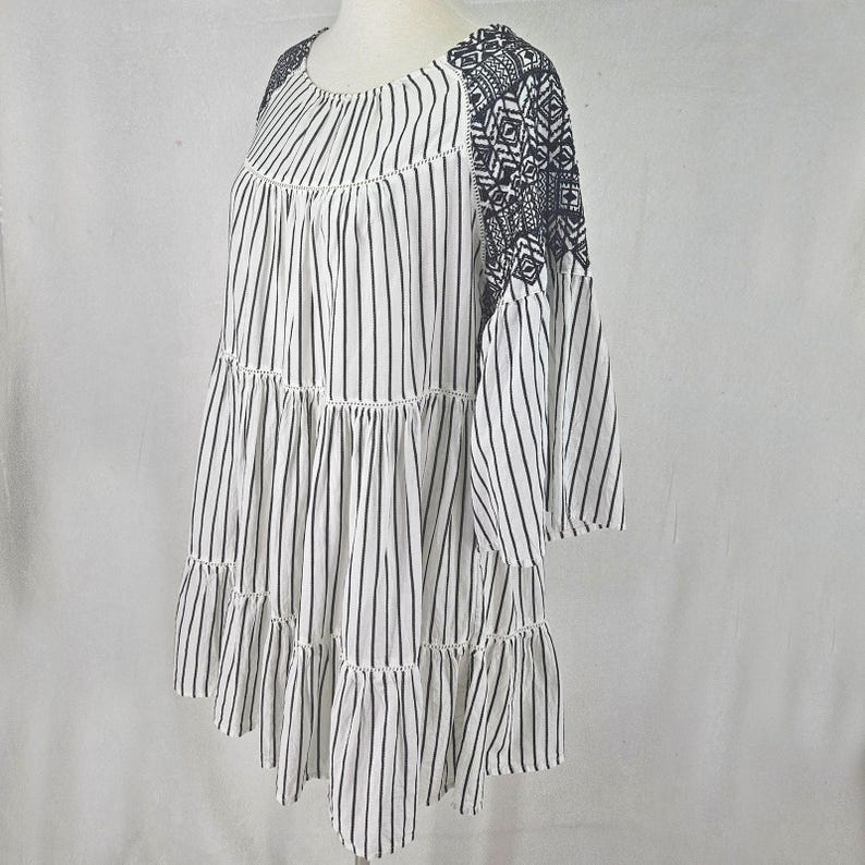 Free People White Black Lola Embroidered Mini babydoll Boho tunic Beach L image 5