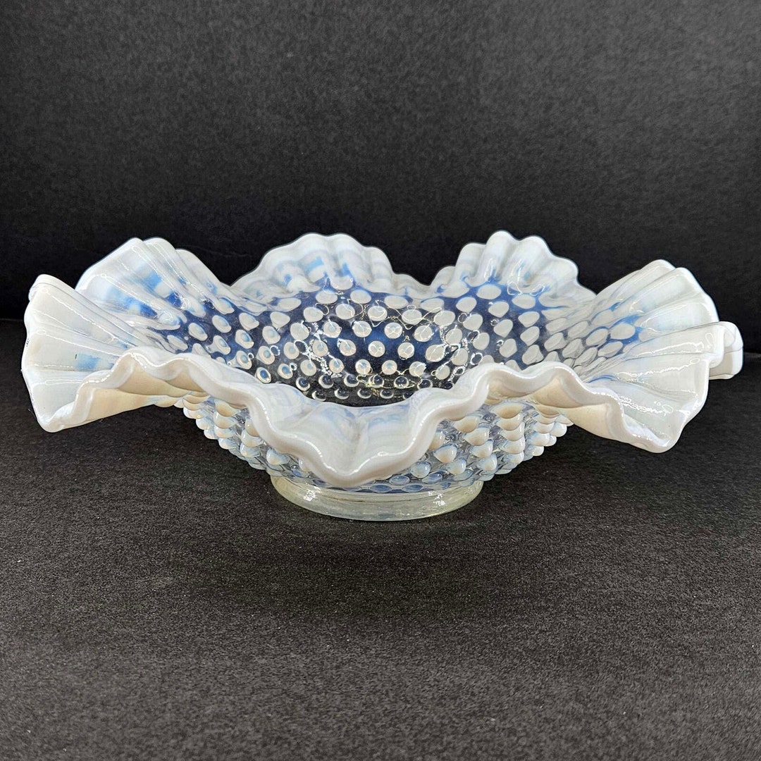 Vintage White Opalescent Fenton Ruffled Crimped Rim Hobnail Glass Bowl ...