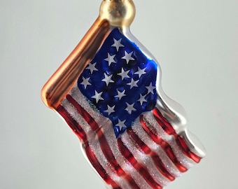Red White Blue American Flag Glass Christmas Ornament USA